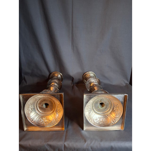 Antique Polish Judaica Silver Plated Shabbat Candlesticks Chaim Grun Warsaw 12" For Sale - Image 15 of 18