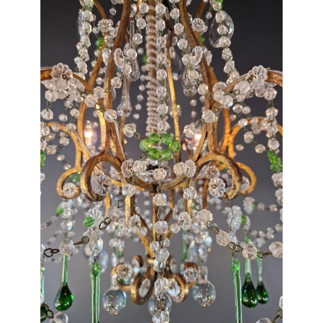 1940s Italian Rococo Revival Crystal Chandelier With Emerald Green Drops 6 Lights For Sale - Image 10 of 13