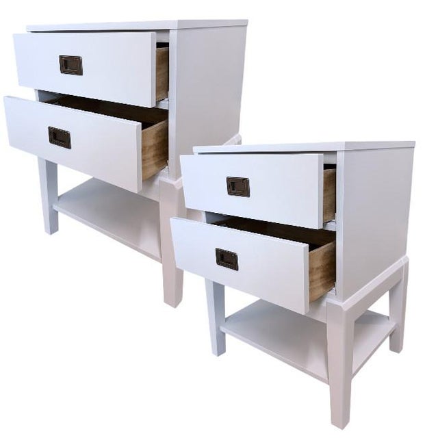 Mid-Century Modern Pair of White Lacquer Two-Drawer Nightstands With Open Shelf For Sale - Image 3 of 7