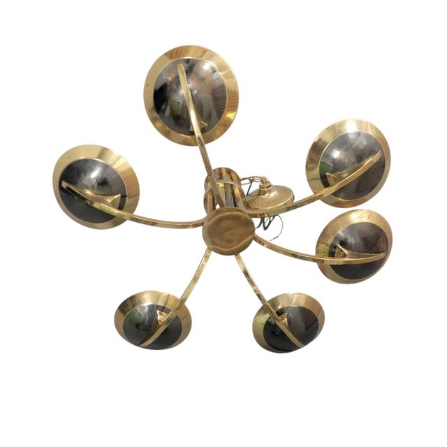 Vintage Brass Dark Smoky Metal 6 Light Mid Century Modern Pietro Chiesa Parzinger Style Chandelier For Sale - Image 12 of 15