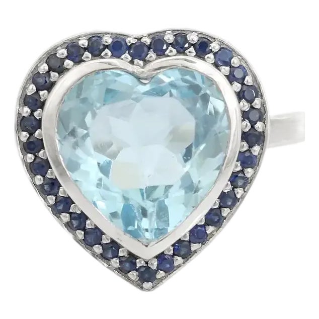 925 Silver Heart Shaped Blue Topaz and Sapphire Halo Promise Ring for Girlfriend Size 6.5 For Sale