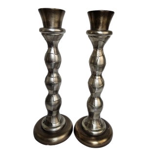 Late 20th Century Artmax Tall Pair of Transitional Pewter Colored Candle Sticks For Sale