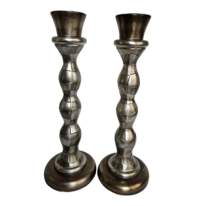 Late 20th Century Artmax Tall Pair of Transitional Pewter Colored Candle Sticks