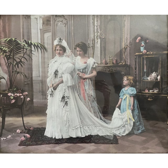 1898 French Painted Wedding Photograph Original ornate solid wooden golden frame Extremely rare large print Image...