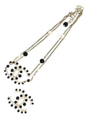 2019 Chanel Necklace + Brooch Set P Spring CC Logo Pearl Gripoix White Black, 2 Pieces