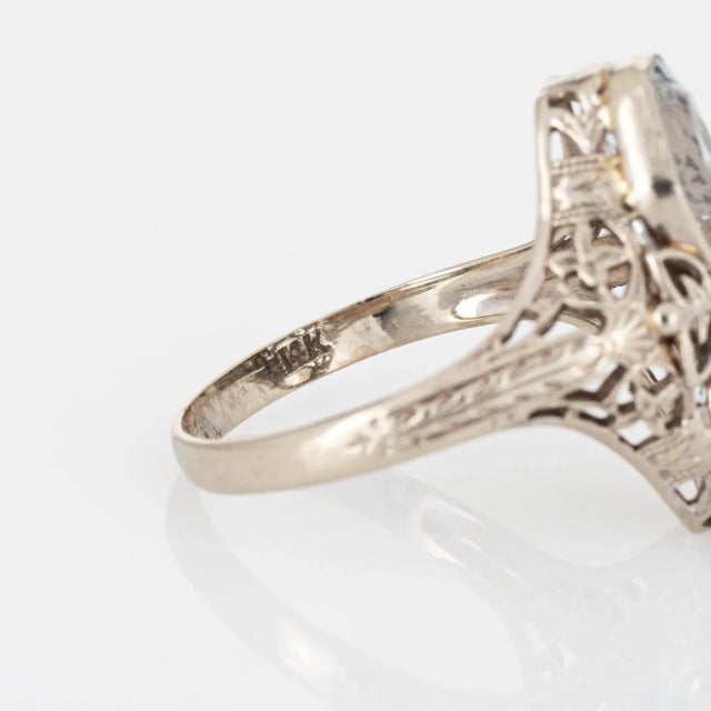 Metal Vintage Art Deco Double Aquamarine Ring Filigree 14k Gold Elongated Hexagon size 5.75 For Sale - Image 7 of 7