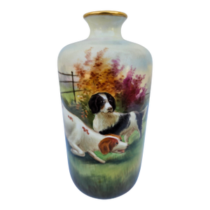 Signed Stouffer Hand Painted Vase - Dogs at Play or Hunt
