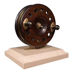 1900s Victorian Antique Mounted Fishing Reel, English, Brass, Decorative, Travertine