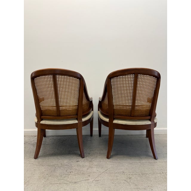 Late 20th Century Pair of Vintage Baker Furniture Walnut & Cane Barrel Lounge Chairs For Sale - Image 5 of 17