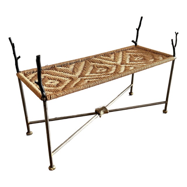 Vintage 1980’s Organic Modern Geometric Woven Rope Bench, Hand Crafted Bronze Tone Twig Legs/Stretchers Accented With Gold, Nod to Audoux-Minet For Sale