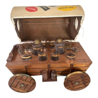 Vintage Tabletop Covered-Wagon Western Flip-Top Bar With Scotch Whiskey Glasses & Bar Tools- 20 Pieces For Sale