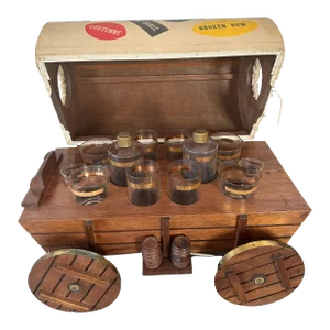 Vintage Tabletop Covered-Wagon Western Flip-Top Bar With Scotch Whiskey Glasses & Bar Tools- 20 Pieces