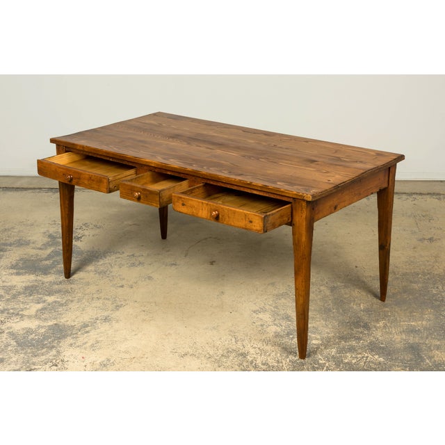 Brown Late 19th Century French Rustic Farmhouse Pine Three-Drawer Writing Table For Sale - Image 8 of 18