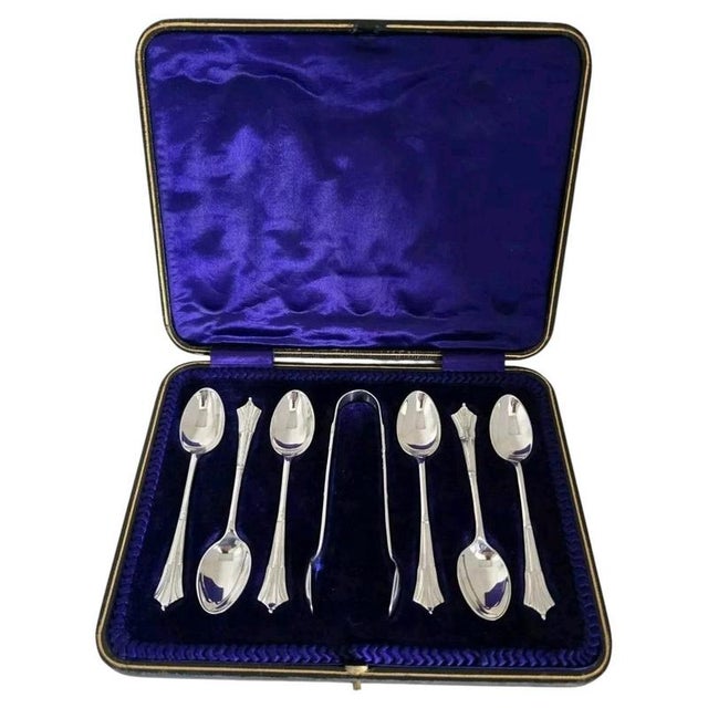 Antique Sterling Silver Teaspoon & Tongs Set, 1908, Set of 7 For Sale - Image 18 of 18