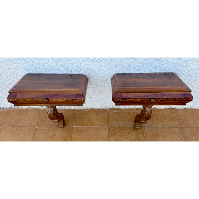 1930s Pair of Spanish Wall-Mounted Wood Nightstands With Floral Inlay For Sale - Image 6 of 9