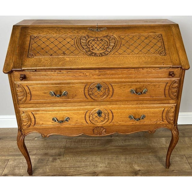 Vintage French Louis Style Oak Secretaire For Sale - Image 3 of 13