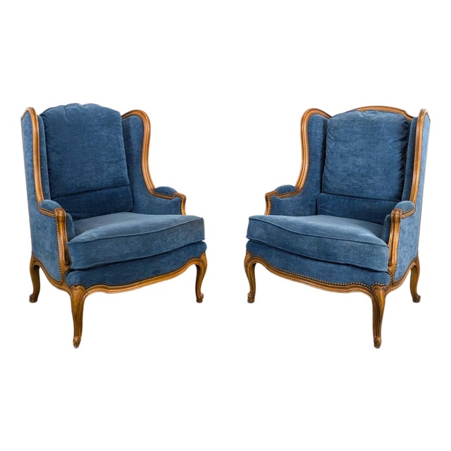 Louis XV Style Wingback Lounge Chairs in Blue Velvet, Set of 2 For Sale