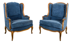 Louis XV Style Wingback Lounge Chairs in Blue Velvet, Set of 2