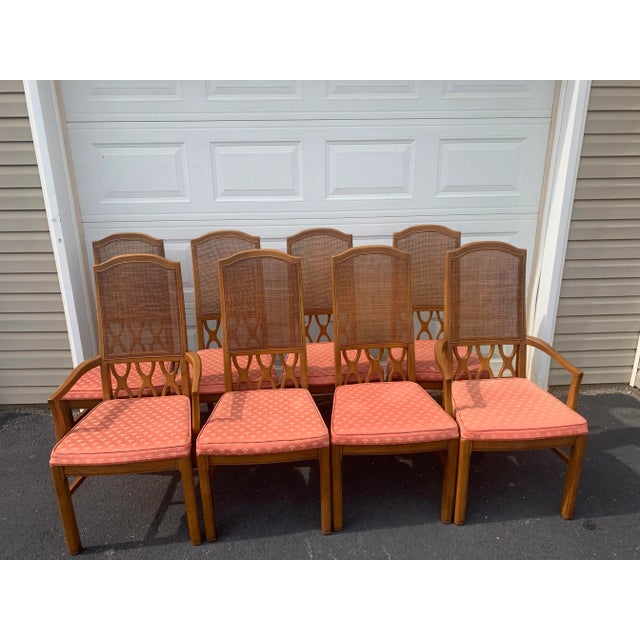 Wood Set of 8 Vintage Cane Back Dining Chairs With Coral Upholstery, Mid-Century Regency Style For Sale - Image 7 of 7