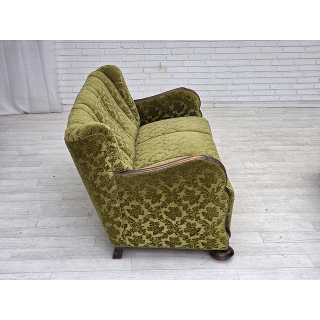 Vintage Danish Three-Seater Sofa in Furniture Velour and Carved Oak, 1950s For Sale - Image 11 of 18