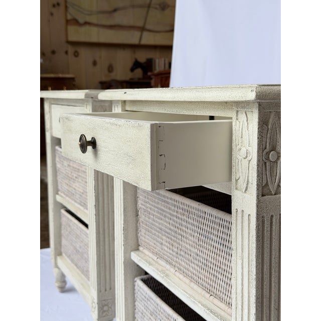 White Late 20th Century Pair of Distressed French Style Nightstands With Woven Basket Shelves For Sale - Image 8 of 10