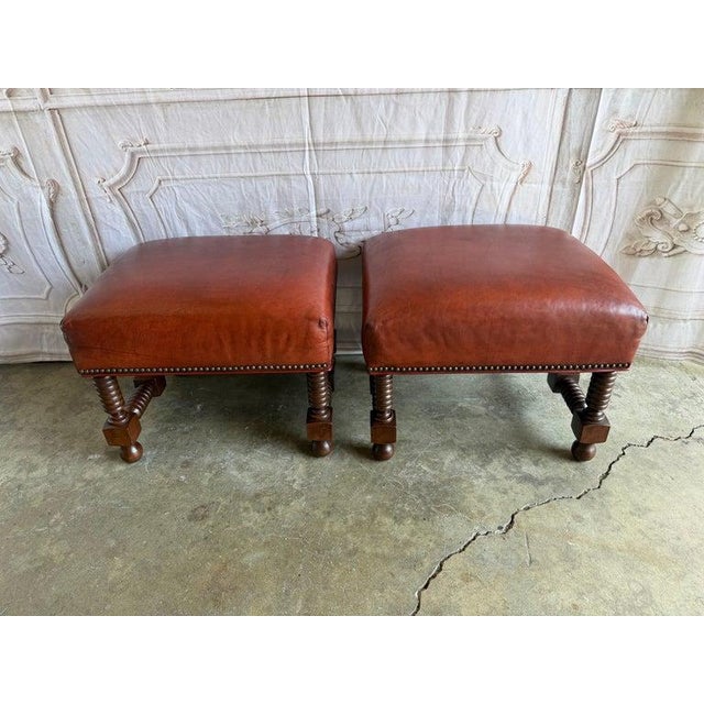 Mid 20th Century Spanish Colonial Revival Leather Benches With Antique Brass Trim, 1960 For Sale - Image 5 of 12