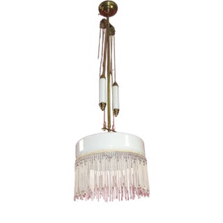 Art Nouveau Adjustable Ceiling Light White Opaline Glass, Brass Fittings and Ceramic Pendant For Sale