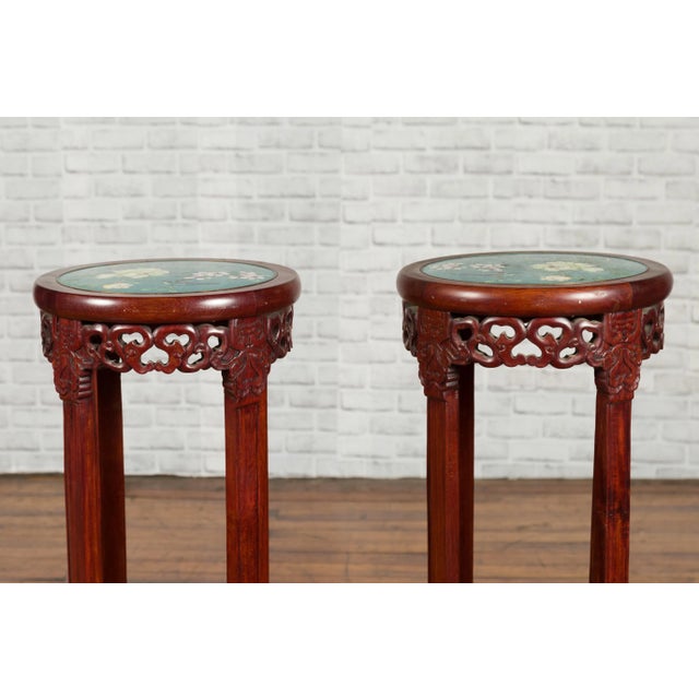 Antique Chinese Carved Round Stands with Painted Floral and Bird Décor - A Pair For Sale - Image 9 of 13