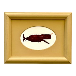 Original Hand-Painted Whimsical Baby Whale Painting in a Vintage Hand-Painted Frame For Sale