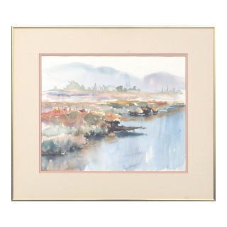 Bomier Impressionist Edge of the Lake Watercolor Landscape 1980s For Sale
