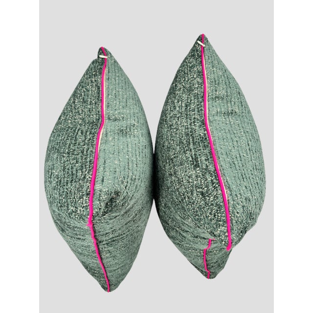 Textile Peacock Blue Chenille Pillow Pair For Sale - Image 7 of 8