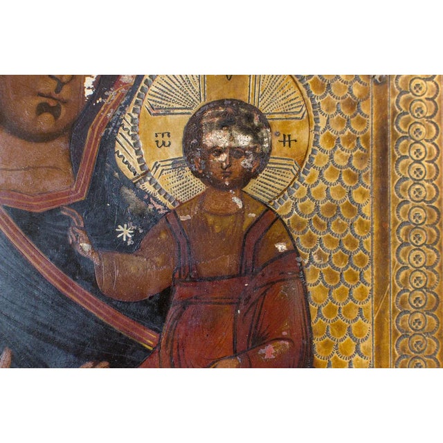 Antique Early 1800s Original Russian Icon Hand Painted Annunciation Our Lady of Kazan Madonna and Jesus For Sale - Image 4 of 11