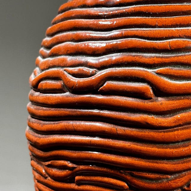 Vintage Hand Coiled Orange Postmodernist Glazed Ceramic Vase, Signed (1973) For Sale - Image 9 of 11