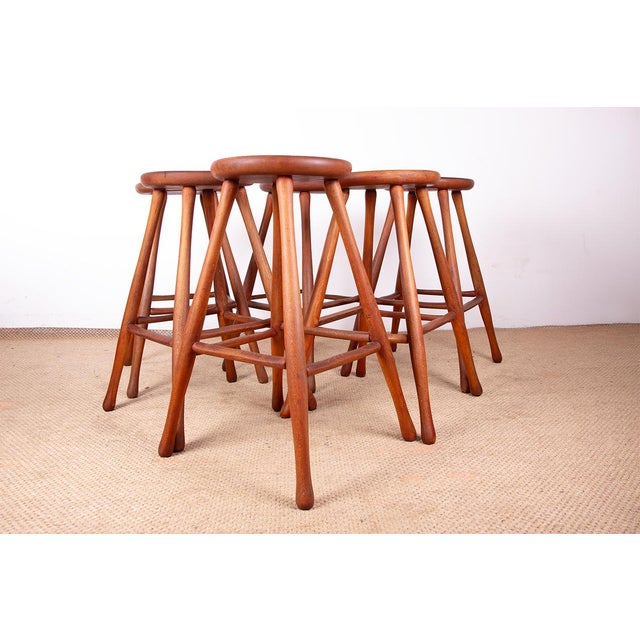 Vintage Beech and Molded Wood Stools in the style of Guillerme and Chambron, 1960s, Set of 6 For Sale - Image 18 of 18