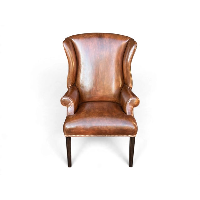 English Pair of Vintage Cognac Leather Wingback Chairs With Louis XVI–Style Fluted Legs For Sale - Image 3 of 11