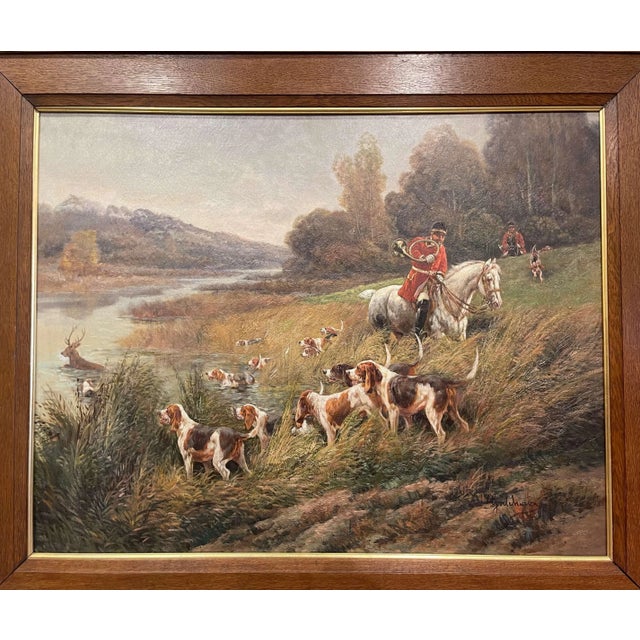 Set of Four 19th Century Framed Oil on Canvas Hunt Paintings Signed E. Godchaux For Sale - Image 4 of 13