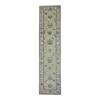 Early 21st Century Green & Blue Floral Design Handwoven Wool Turkish Oushak Rug 2'9" X 11'3" For Sale