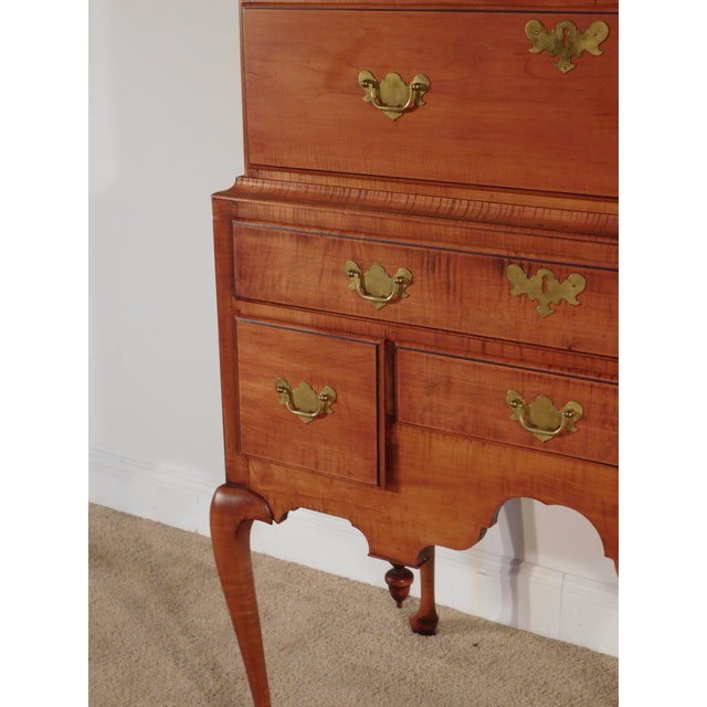 Brown Ca. 1960s 2 Piece Curly Tiger Maple Flat Top Queen Anne Highboy W/ Secret Drawer 73" T For Sale - Image 8 of 17
