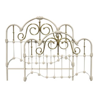 Vintage Elliott's Design Mid Century Iron White Gold Queen Bed Frame Headboard For Sale