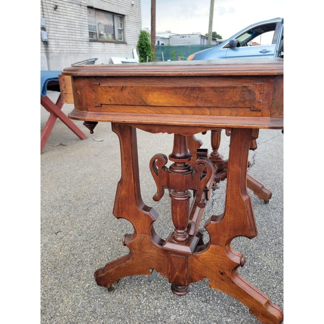 19th Century Victorian Walnut Renaissance Revival New Leather Table For Sale - Image 9 of 9