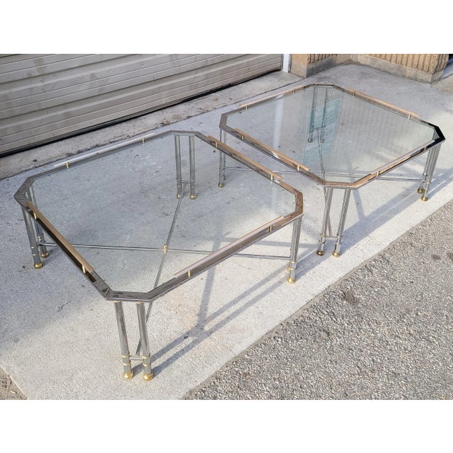 Mid 20th Century Pair of Hollywood Regency Maison Jansen Style Octagonal Chrome, Glass & Brass Cocktail Tables For Sale - Image 10 of 10