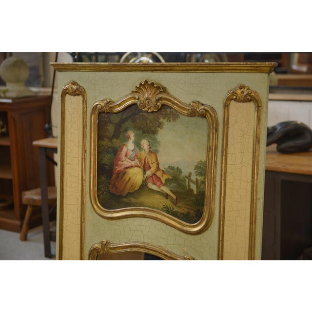 Trumeau Mirror with Crackled Patina and Oil on Panel Depicting a 19th-Century Romantic Scene For Sale - Image 5 of 12