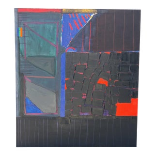 Gary Shaffer Arial Landscape (Black Blocks With Red) 1989 Painting For Sale