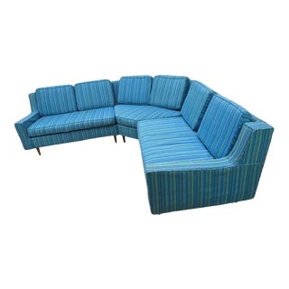 1950s Blue Three Piece L-Shaped Sectional Sofa For Sale