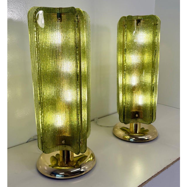 2000 - 2009 Murano Glass Table Lamps in Ribbed Green Glass and Brass, 2000s, Set of 2 For Sale - Image 5 of 18