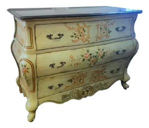 Vintage Hand Painted Floral Chinoiserie 3 Drawer Curvy Black Stone Top Bombe Chest