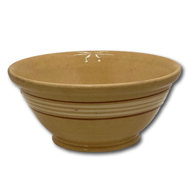 Ceramic Nice Antique 10 Inch Cream & Brown Color Banded Yellow Ware Kitchen Batter Mixing Bowl Circa Late 1800s For Sale - Image 7 of 15