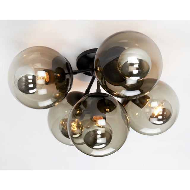 5 Globe Modo Ceiling Light by Jason Miller for Roll and Hill. Black Metal Frame with Smoke Globes.
