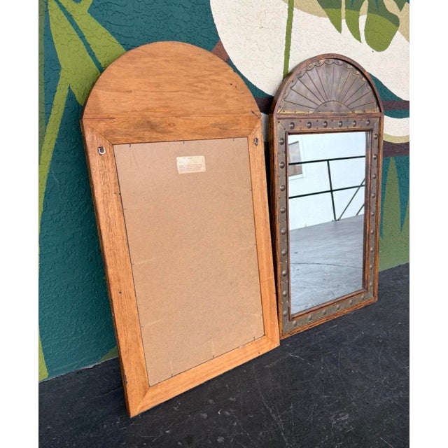 Brown Sarreid Rustic Brass & Wood Arched Mirror Pair For Sale - Image 8 of 11