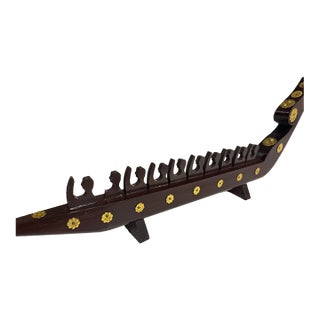 1960s Handmade Kerala Snake Boat Chundan Vallam Wooden Model India Brass Inlay Decor For Sale